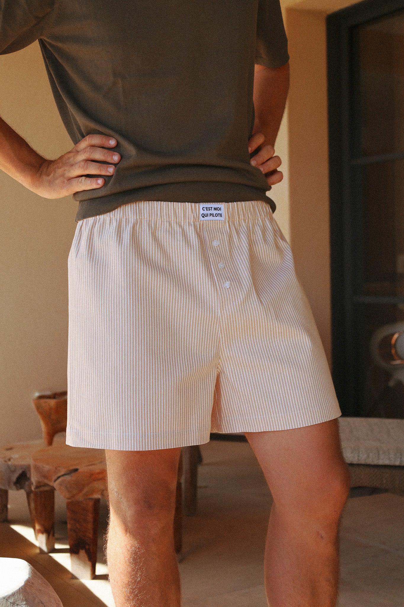 Caleçon Pilote Rayures Beige