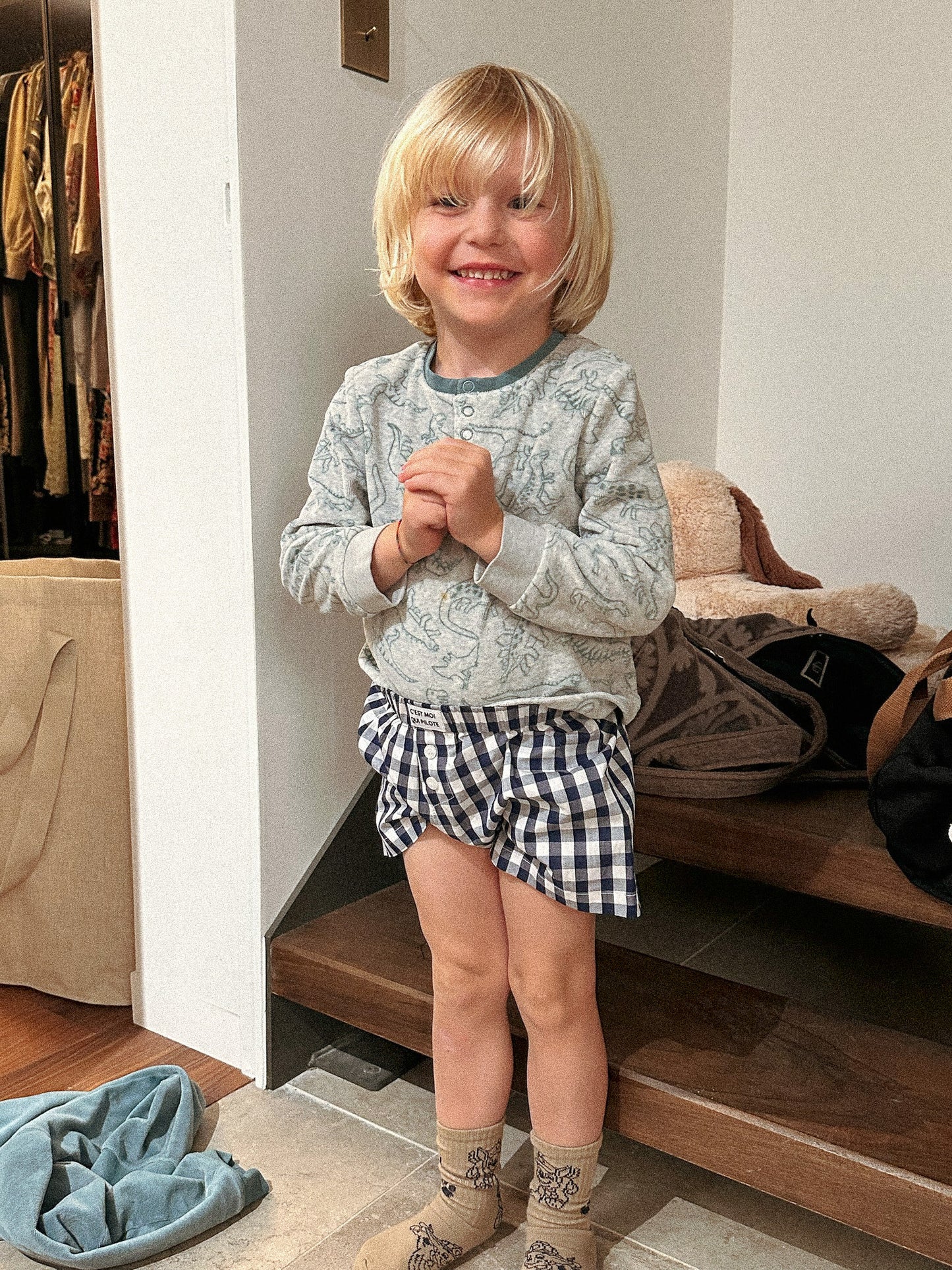Vichyblaue Piloten-Boxershorts für Kinder