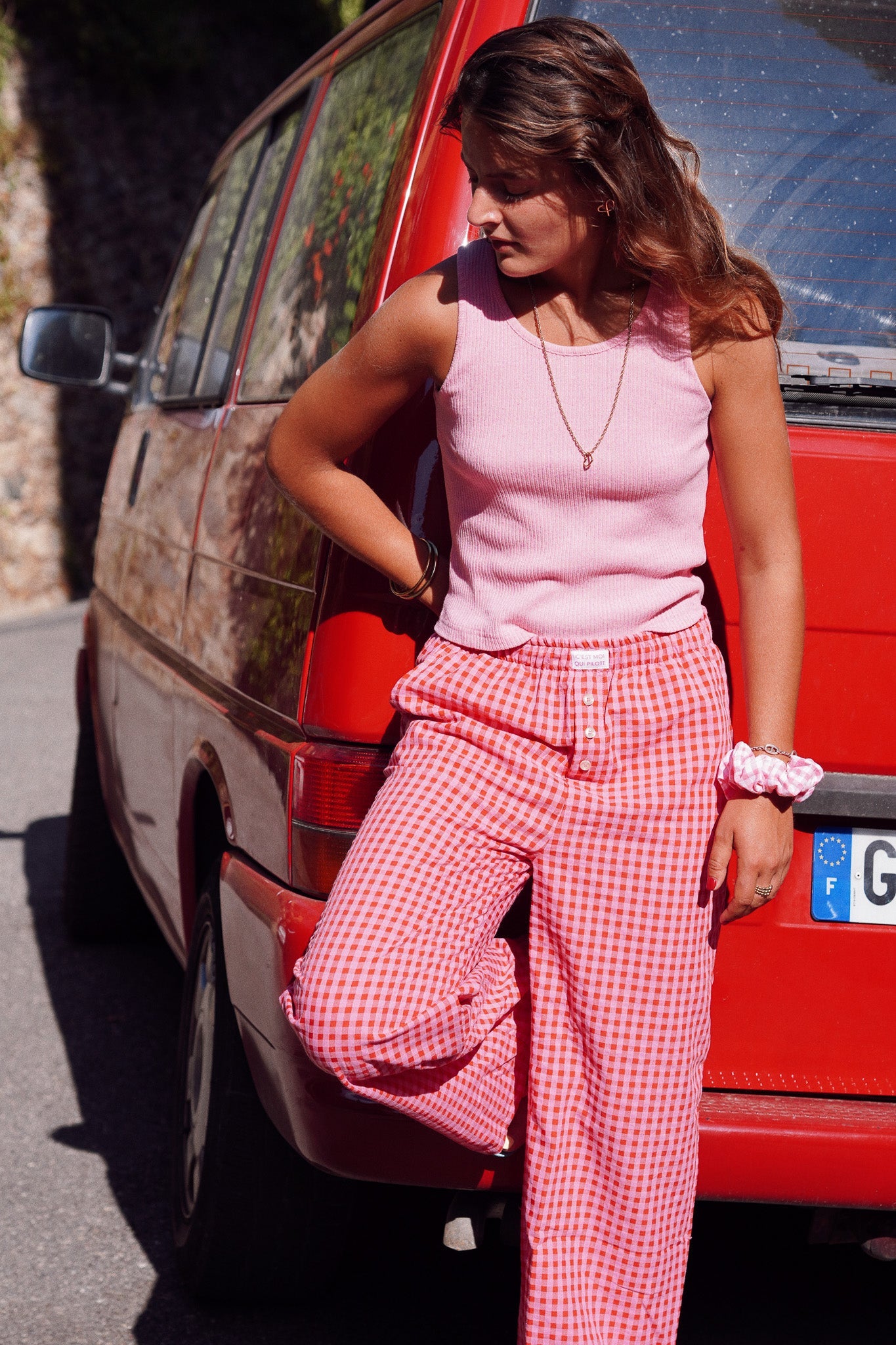Pantalon femme Vichy fraise framboise C'est moi qui pilote