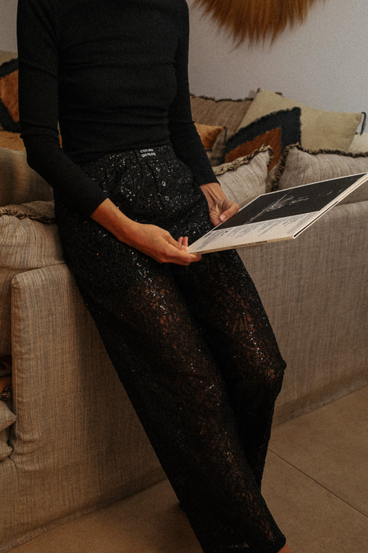 Pantalon dentelle à sequins noir